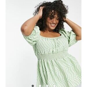 Fashion Union ASOS Plus Checkerboard Smocked Waist Blouse Puff Sleeve Size 20